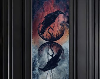 Soul Echoes - Dark Bird Art Print - Two Ravens Reflected on Twin Crescent Surreal Moons