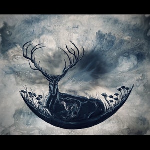 Moon Baron - Original Painting - Haunted Stag Rests on Crescent New Moon in Bed of Mushrooms and Shadowy Surreal Grass