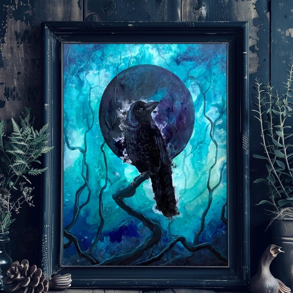 Nunca me vuelvas a ver - Impresión artística brillante - Cuervo violeta posado en una rama de árbol bajo el crepúsculo azul