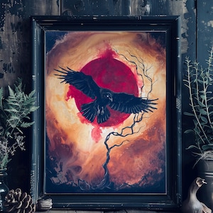 Sol Seeker - Printable  Wall Art Download - Dark Raven Chases Fiery Red Sun w/ Crooked Haunted Tree