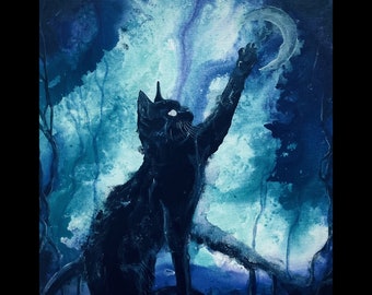 Finders Keepers - Black Cat Art Print - Shadowy Haunted Witchy Feline Reaching out Paw to Surreal Crescent Moon