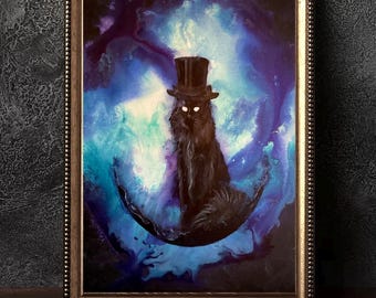 Baron Von Noir - Printable Art - Shadowy Cat with Tall Top Hat on Surreal Moon