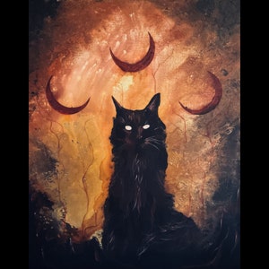 Waiting for the Witch - Printable Digital Art Download - Longhaired Haunting Black Cat Standing Guard beneath Three Crescent Moons