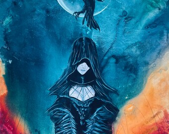 Ravenesque - Shadowy Art Print - Winged Goddess Meditates beneath Shadowy Raven & Luminous Crescent Moon