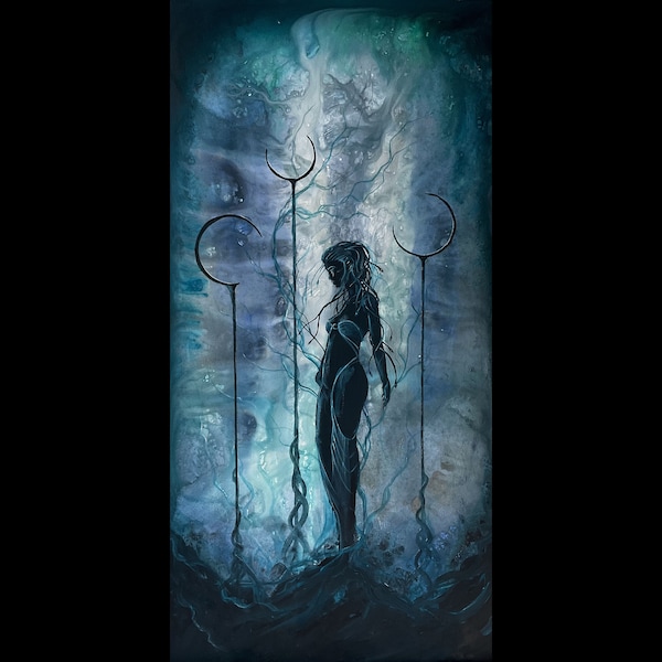 Unloved - Dark Art Wall Print - Gloomy Sad Medusa Goddess Weeps in Surreal Landscape with Moon Pillars