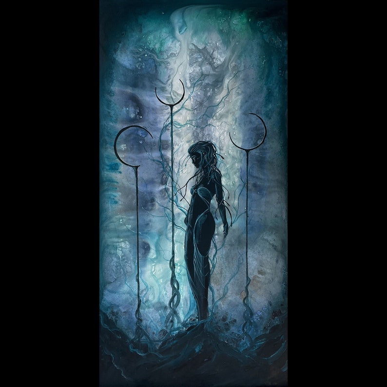 Unloved - Dark Art Wall Print - Gloomy Sad Medusa Goddess Weeps atop Moon Pillars image 6
