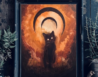 May include: A black cat stands in front of a fiery orange background with two crescent moons above it. The cat has piercing yellow eyes and a dark, mysterious aura.