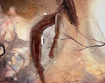 Self Sacrificial - Original Wood Panel Painting - Woman Offering Body to Twisting Surreal Trees