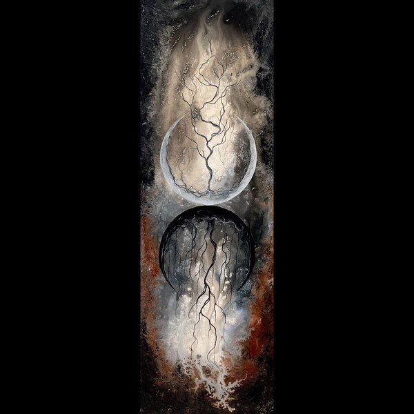 Soul Reflection - Dark Wall Art Print - Light and Shadowy Trees Spring from Luminous and Dark Crescent Surreal Moons