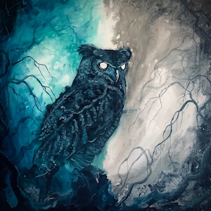 Lady Eventide - Shadowy Art Print - Dark Powerful Owl Queen Watching over Surreal Twilight Landscape
