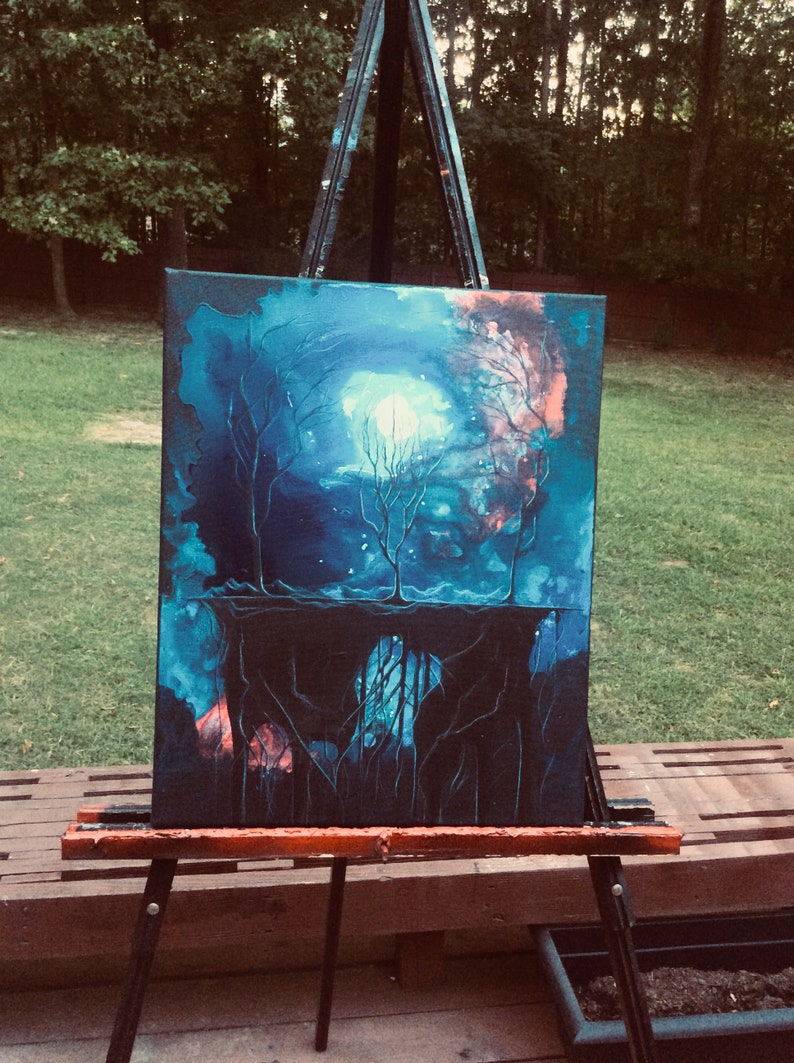 Stone Altar with Dark Trees and Roots beneath Abstract Moon Original Canvas Painting Altar of Shadow