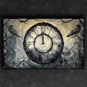 May include: A framed painting featuring a large, antique clock face with Roman numerals, surrounded by dark, twisted branches and two perched crows. The color palette is primarily black, white, and gray, with a hint of yellow.