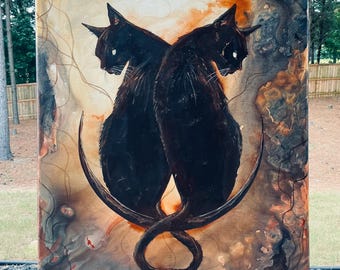 Shadow Siblings - Original Canvas Painting - Twin Mirror Image Cats in Surreal Crescent Moon
