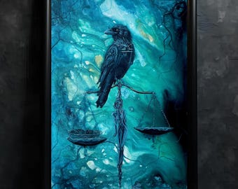 Libra - Zodiac Art Print - Moody Crow Standing on Ornate Scales with Dark Woman