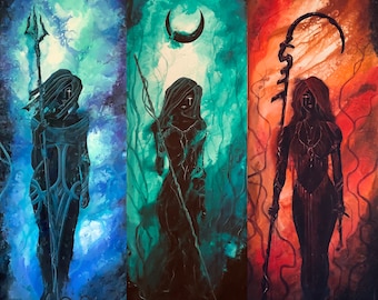 The Witches Three - Tri-Color Wall Art Print - Montage of Elemental Sorceresses Blue Green & Red with Magic Staves and Moon