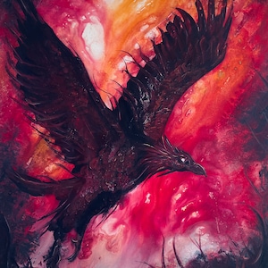 Dark Resurrection - Deep Red Art Print - Black and Fiery Phoenix Soaring Through Shadowy & Surreal Landscape