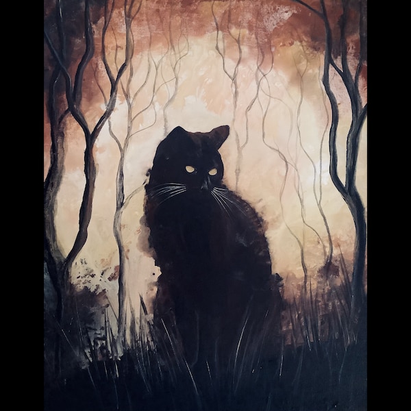 Último pensamiento antes del anochecer - Impresión de arte de gato sombrío - Felino reflexivo e inquietante en el bosque surrealista