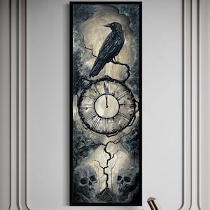 May include: A framed artwork featuring a black crow perched on a branch above a clock face. The clock is set at midnight, with a skull at the bottom. The artwork is in shades of gray and black, creating a gothic and mysterious atmosphere.