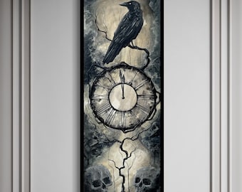 Penultimate - Dark & Moody Art Print - Shadowy Gothic Victorian Clock Hovering Between Raven and Skulls