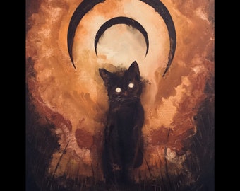 Moon Minion - Dark Cat Art Print - Young & Curious Black Feline Sitting beneath Orange Double Surreal Moons