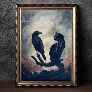 Copycat - Printable  Wall Art Download - Haunted Cat and Young Raven Stare at Each Other in Mirrored Pose