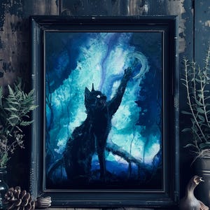 Finders Keepers - Black Cat Art Print - Shadowy Haunted Feline Pawing at Crescent Moon