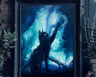 Finders Keepers - Black Cat Art Print - Shadowy Haunted Feline Pawing at Crescent Moon