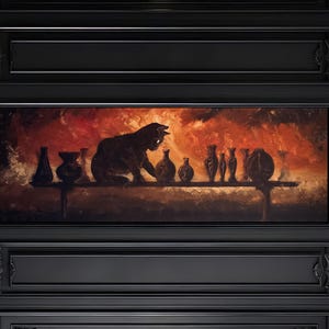 The Apothecary - Black Kitten Art Print - Mischievous Curious Cat Knocking Potions off Surreal Shelf