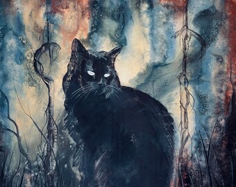 Watcher of the Witch - Lustrous Art Print - Stoic Black Cat Familiar sits in Surreal Wilderness among Dark Totems