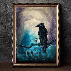 Mine - Printable  Wall Art Download - Proud Raven Dangles Magic Key above Curious Gnomes