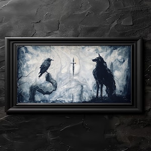 La trama se complica - Lámina de pared con ambiente sombrío - Cuervo y lobo mirándose fijamente con una daga flotante
