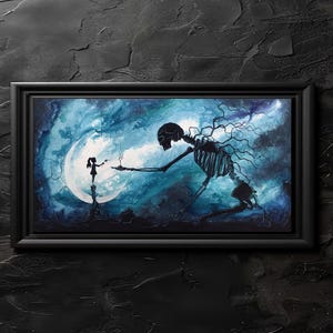 Forget Me Not - Dark Art Print - Giant Skeleton Gifting Tree to Little Girl
