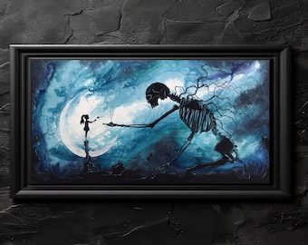 Forget Me Not - Dark Art Print - Giant Skeleton Gifting Tree to Little Girl
