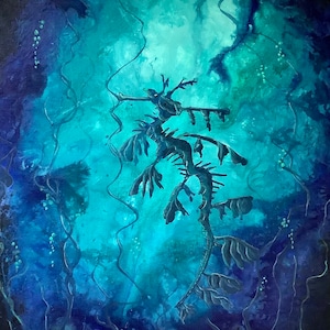 Dragon of the Deep - Lustrous Blue Art Print - Oceanic Sea Dragon Creature Floating amid Dark Sea Kelp Forest