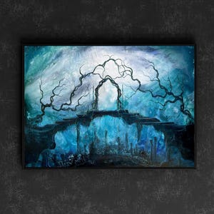 First Memory - Surreal Art Print - Twilight Stone Bridge & Tree Root Gate Shrouded in Flowers
