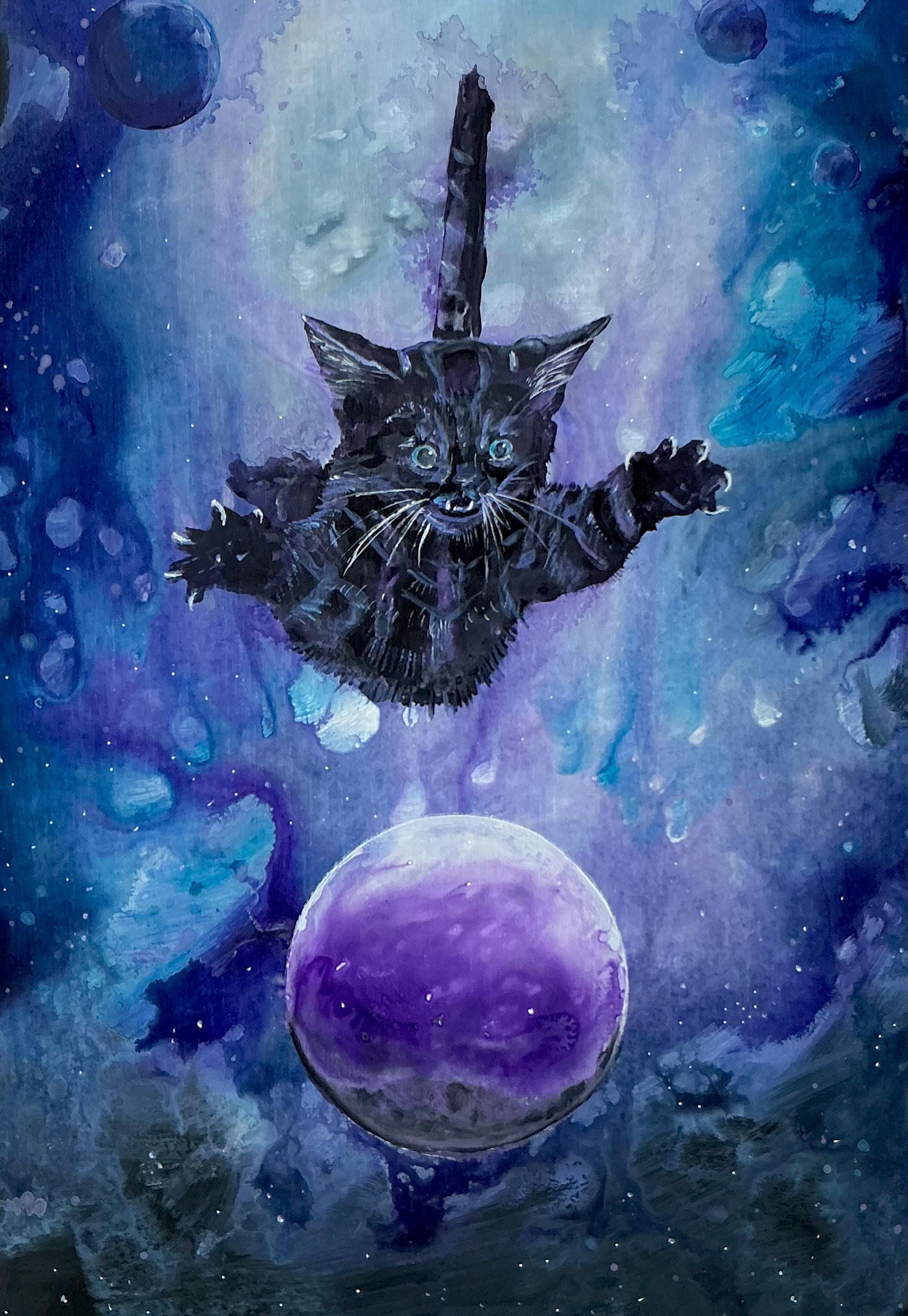Cosmic Rapture Calamity Cosmic Calamity - Funny Art Print - Kitten Leaping Through Space Onto ...