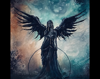 The Erinyes - Dark Art Print - Sad Archangel Woman with Crow Wings Wades Through Shallow Surreal Ocean