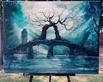 Neverwhere - Huge Original Canvas Painting - Stone Bridge with Surreal Tree Portal Over Pale Water