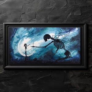 Forget Me Not - Printable  Wall Art Download - Giant Skeleton Gifting Tree to Little Girl with Flowers in Surreal Landscape