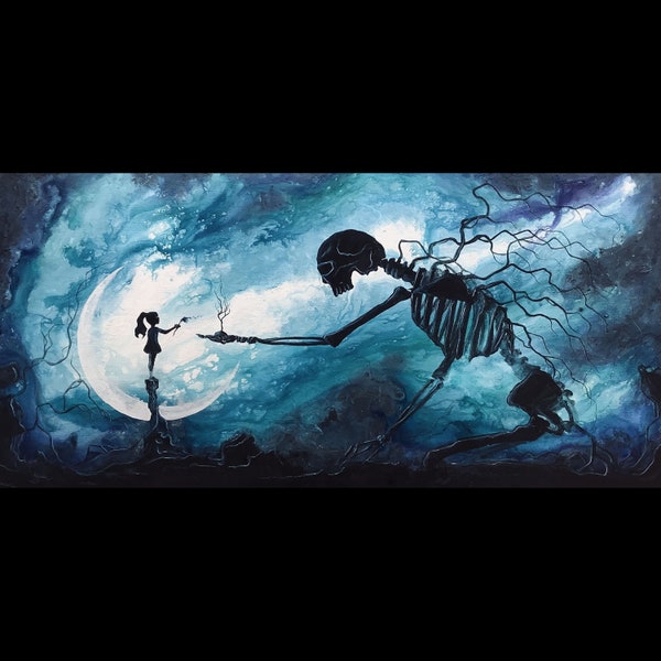 Forget Me Not - Dark Art Print - Giant Skeleton Gifting Tree to Little Girl with Flowers