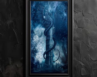 Pode incluir: Uma impressão de arte emoldurada que retrata um dragão enrolado em uma coluna, com um fundo azul tempestuoso e raios. A obra de arte é emoldurada em uma moldura preta.