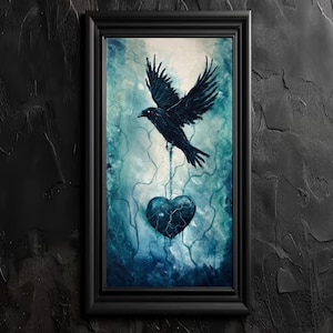 Puede incluir: Obra de arte enmarcada que presenta un cuervo negro con las alas extendidas, suspendido sobre un corazón agrietado. El cuervo está conectado al corazón por una cadena. El fondo tiene una combinación de colores azul y verde azulado, con un marco oscuro.
