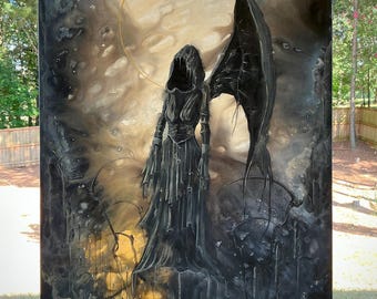 Seraph of the Styx - Original Canvas Painting - Fallen Angel in Surreal Candlelit Landscape