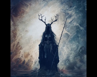 Primordial - Printable Digital Art Download - Shadowy Witch with Cloak & Antlers Standing in Shallow Dark Water
