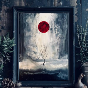 Where Have the Days Gone - Printable  Wall Art Download - Lonely Tree Reaches in Vain for Fiery Red Celestial Sphere