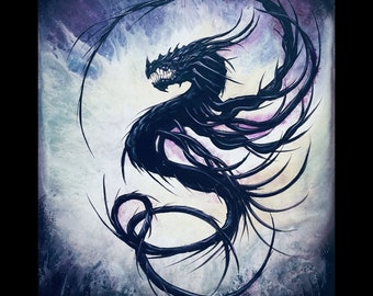 Shadowthorn - Shadowy Art Print - Dark Dragon Serpent Flying & Coiled in Surreal Background