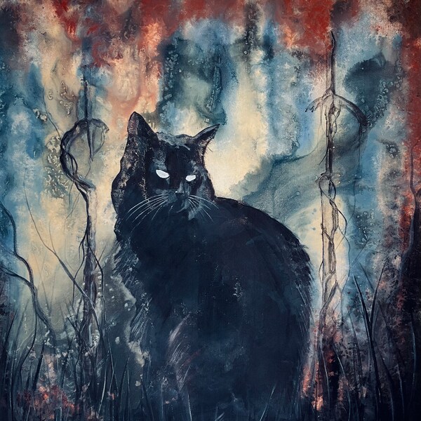 Watcher of the Witch - Original Canvas Painting - Stoic Black Cat Familiar sits in Surreal Wilderness among Dark Totems