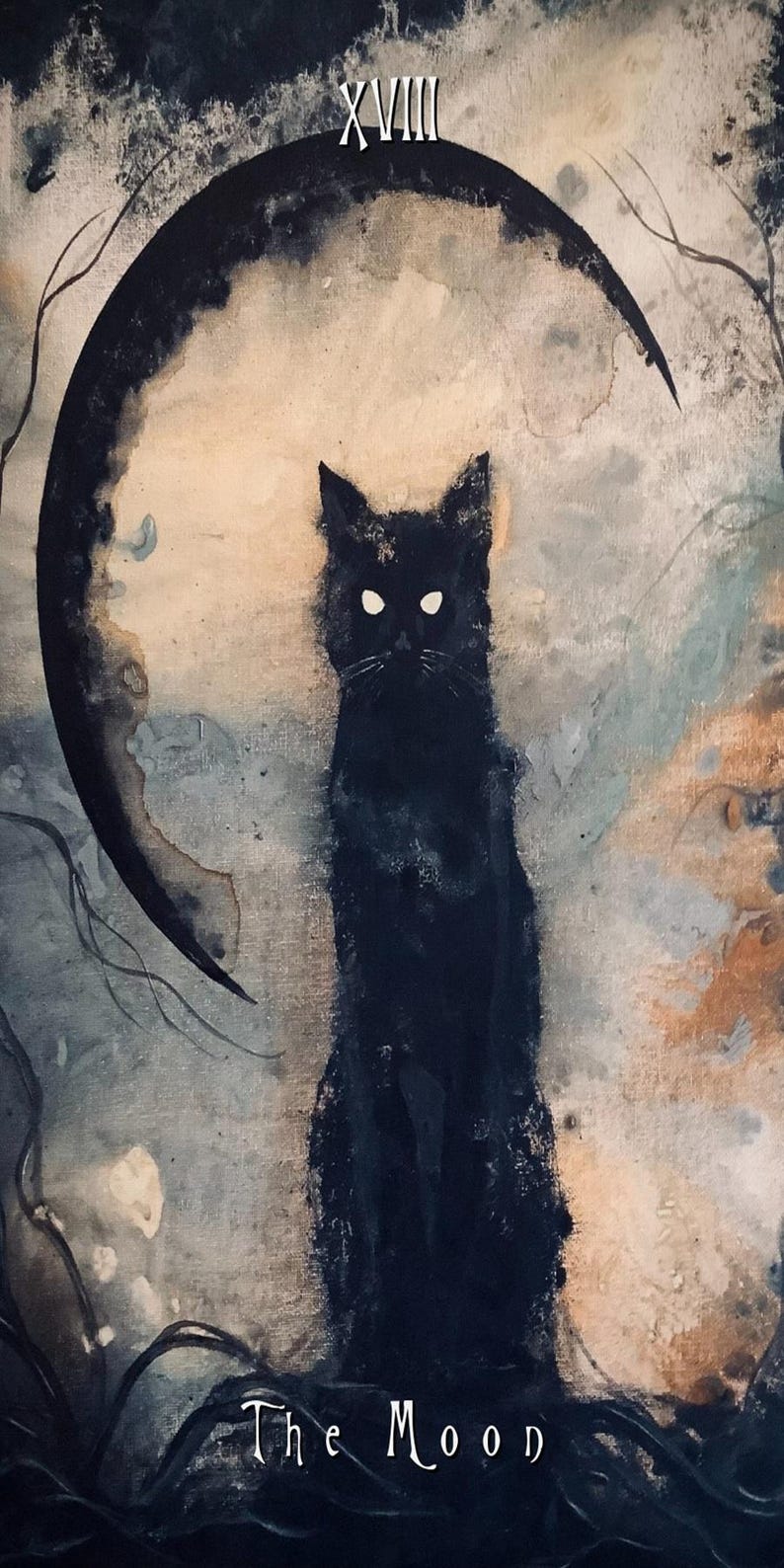 The Moon - Cat Tarot Art Print - Haunted Feline Resting Beneath Dark ...