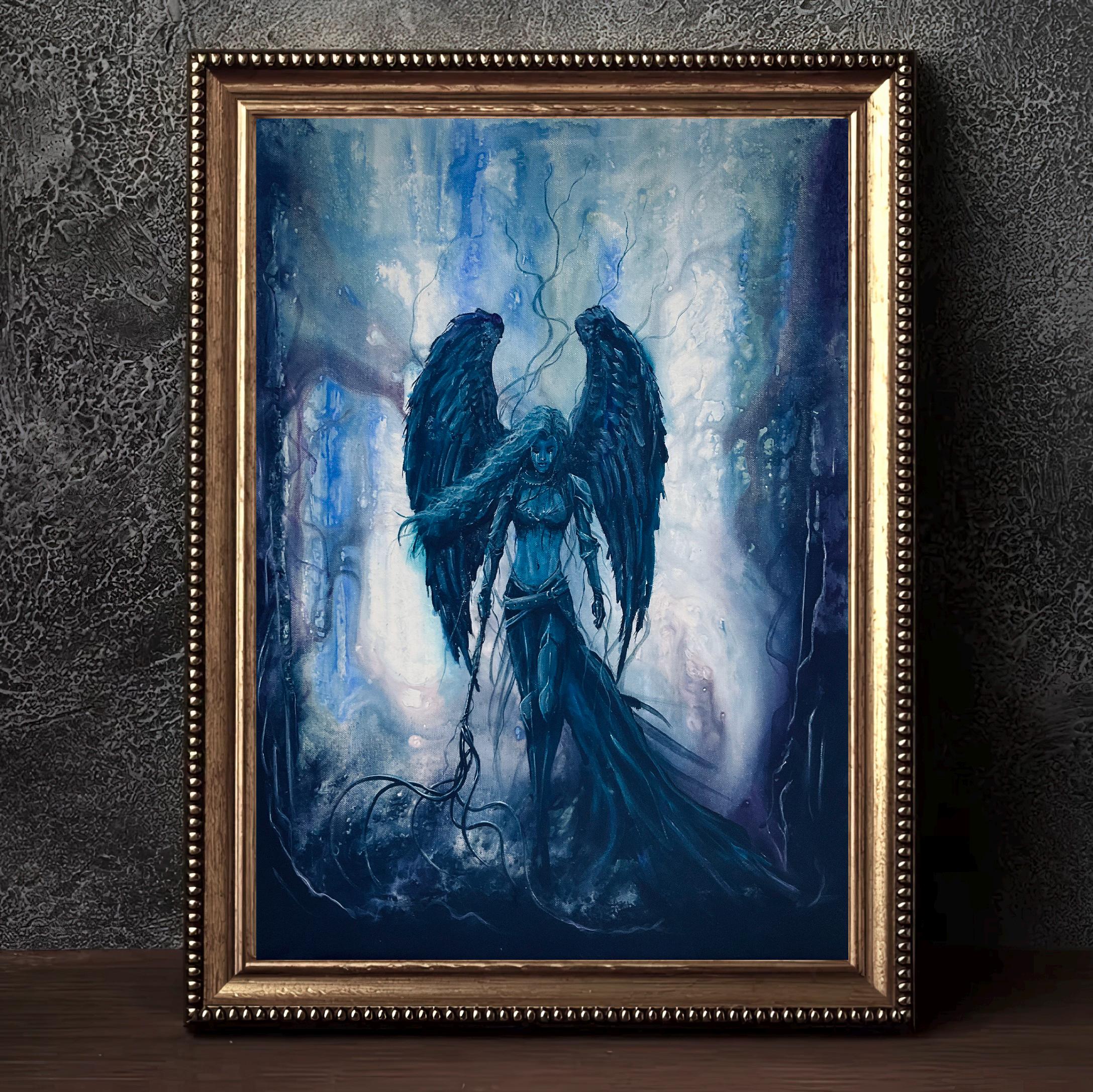 Retribution - Lustrous Art Wall Print - Armored & Crying Dark Fallen Angel with Whip Strides through Shadowy Surreal Landscape