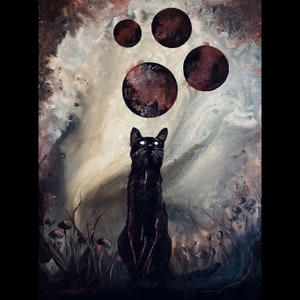 Conjunction - Black Cat Art Print - Curious Haunted Feline in Field of Mushrooms Gazes Upward at Four Spectral Moons
